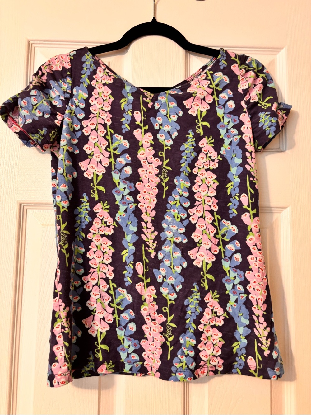 Floral Print Short Sleeve Top - Navy, Pink & Blue lily of the valley print